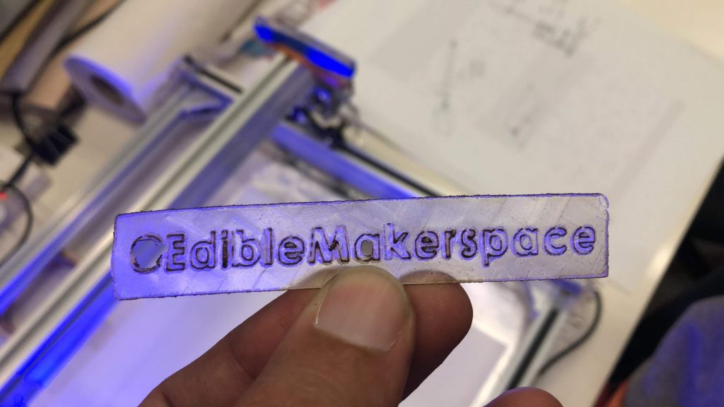laser etched edible rice-paper with the words "Edible Makerspace"