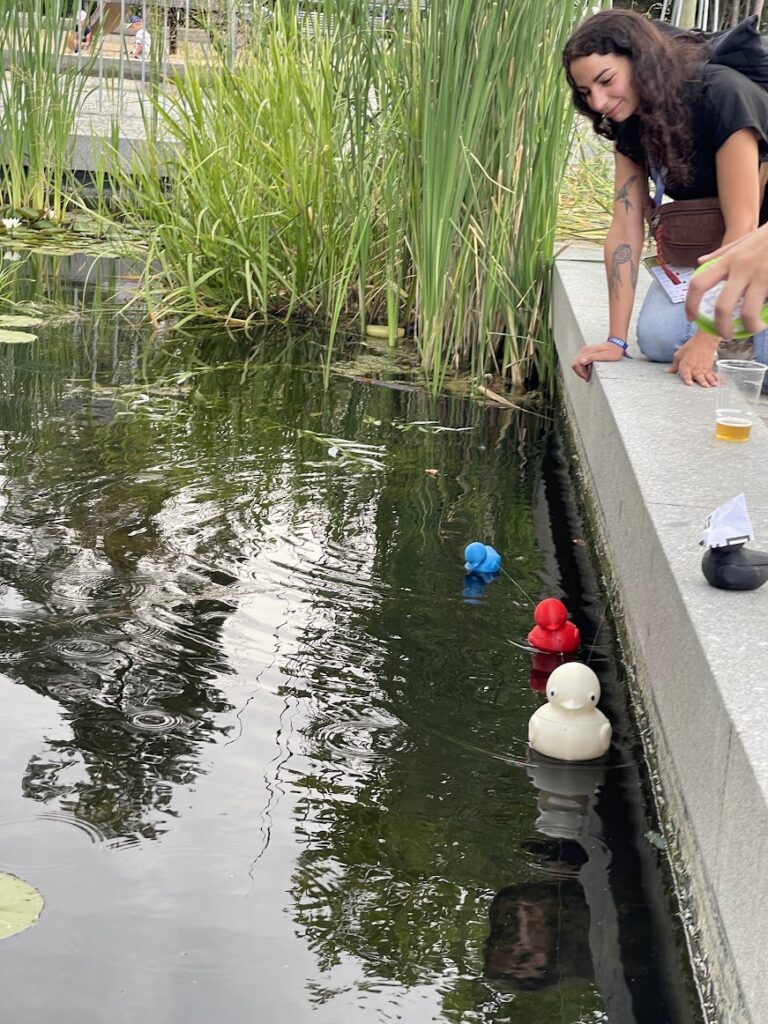 testing 3d printed duckies floating on the pond using fishing line