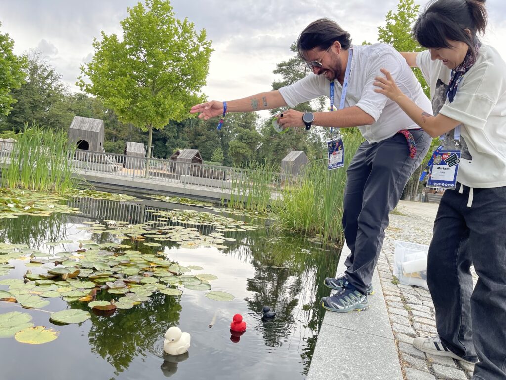 testing 3d printed duckies floating on the pond using fishing line